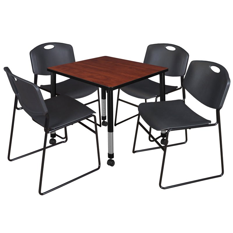 Regency Kee Mobile Adjustable Classroom Square Table with 4 Black Zeng Stack Chairs 30" W x 30" D x 23" H (REG - TB3030P - 44) - SchoolOutlet
