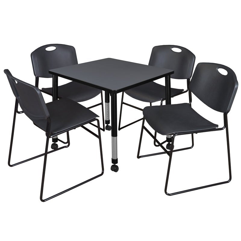 Regency Kee Mobile Adjustable Classroom Square Table with 4 Black Zeng Stack Chairs 30" W x 30" D x 23" H (REG - TB3030P - 44) - SchoolOutlet