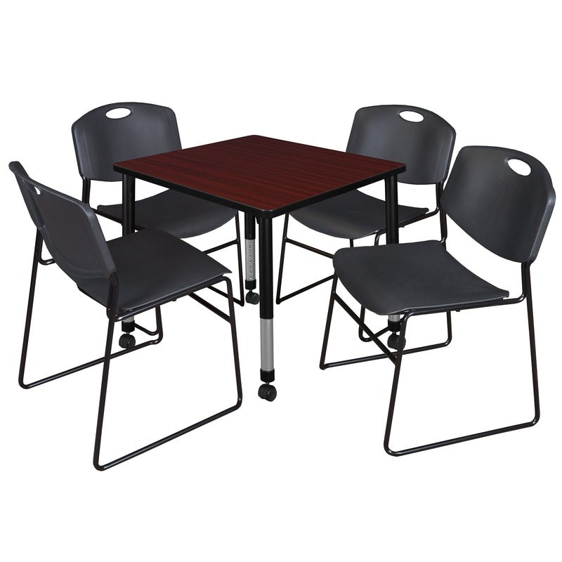 Regency Kee Mobile Adjustable Classroom Square Table with 4 Black Zeng Stack Chairs 30" W x 30" D x 23" H (REG - TB3030P - 44) - SchoolOutlet