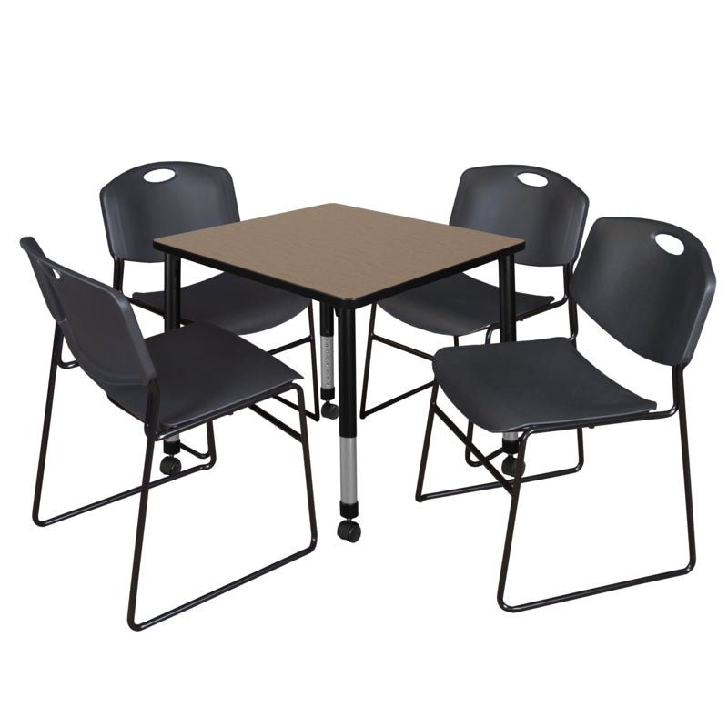 Regency Kee Mobile Adjustable Classroom Square Table with 4 Black Zeng Stack Chairs 30" W x 30" D x 23" H (REG - TB3030P - 44) - SchoolOutlet