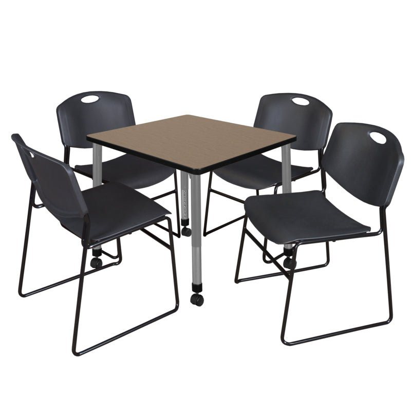 Regency Kee Mobile Adjustable Classroom Square Table with 4 Black Zeng Stack Chairs 30" W x 30" D x 23" H (REG - TB3030P - 44) - SchoolOutlet