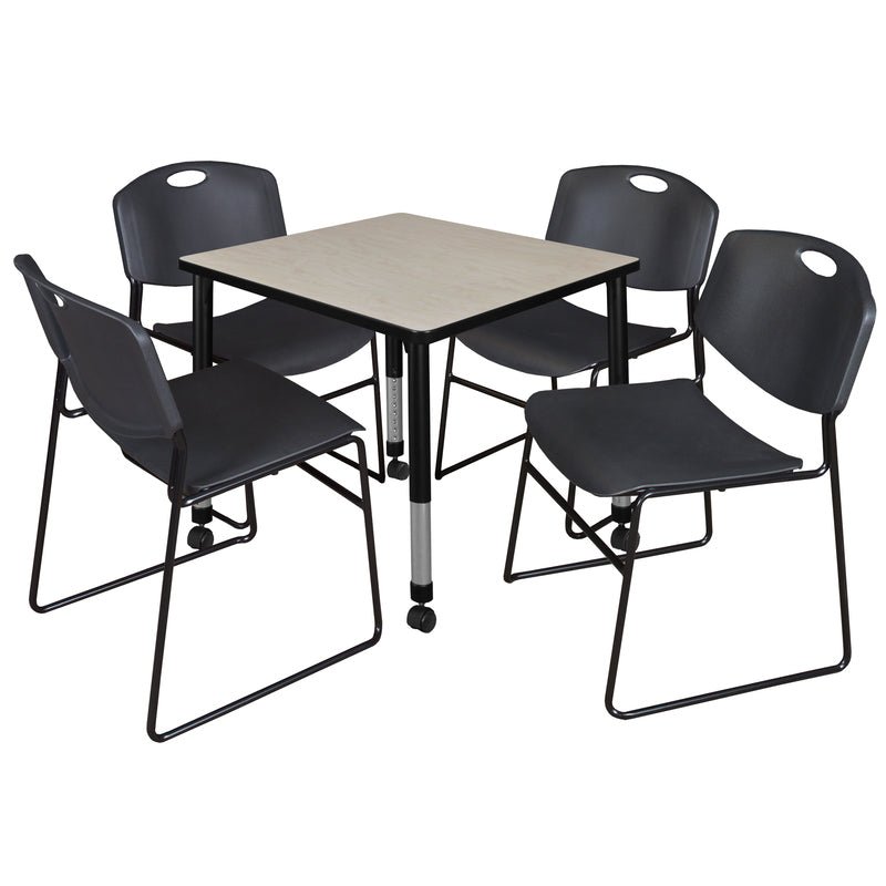 Regency Kee Mobile Adjustable Classroom Square Table with 4 Black Zeng Stack Chairs 30" W x 30" D x 23" H (REG - TB3030P - 44) - SchoolOutlet