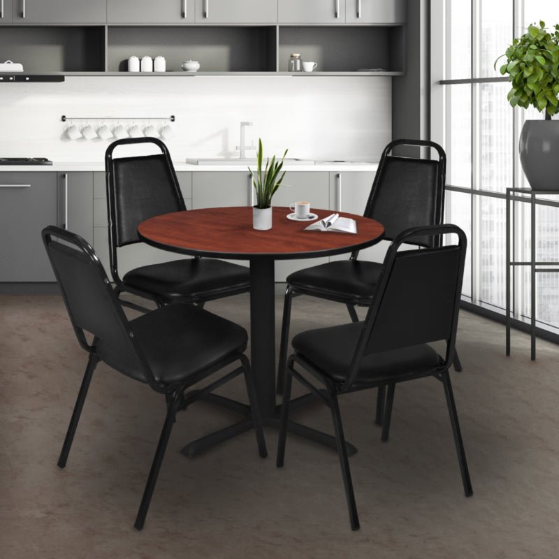 Regency Cain Round X - Base Breakroom Table with 4 Black Restaurant Stack Chairs 30" W x 30" D x 29" H (REG - TB30R - 29) - SchoolOutlet
