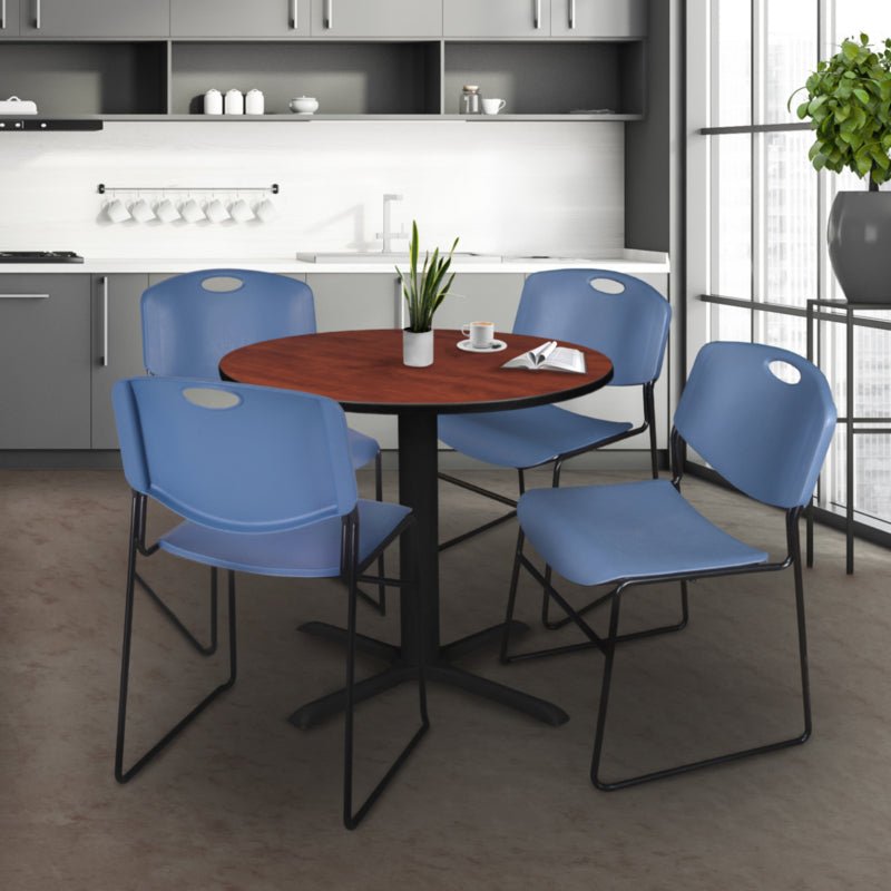 Regency Cain Round X - Base Breakroom Table with 4 Zeng Stack Chairs 30" W x 30" D x 29" H (REG - TB30R - 44) - SchoolOutlet