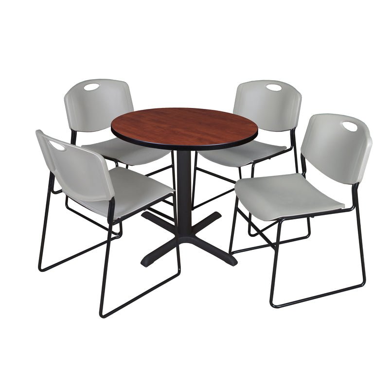 Regency Cain Round X - Base Breakroom Table with 4 Zeng Stack Chairs 30" W x 30" D x 29" H (REG - TB30R - 44) - SchoolOutlet