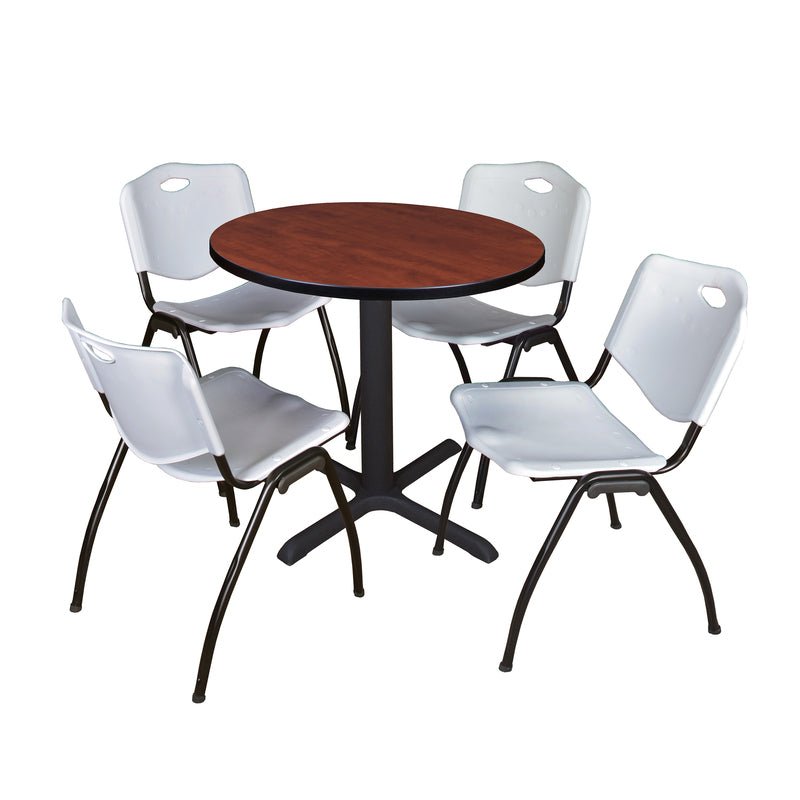 Regency Cain Round X - Base Breakroom Table with 4 M Stack Chairs 30" W x 30" D x 29" H (REG - TB30R - 47) - SchoolOutlet