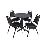 Regency Cain Round X - Base Breakroom Table with 4 Black Restaurant Stack Chairs 30
