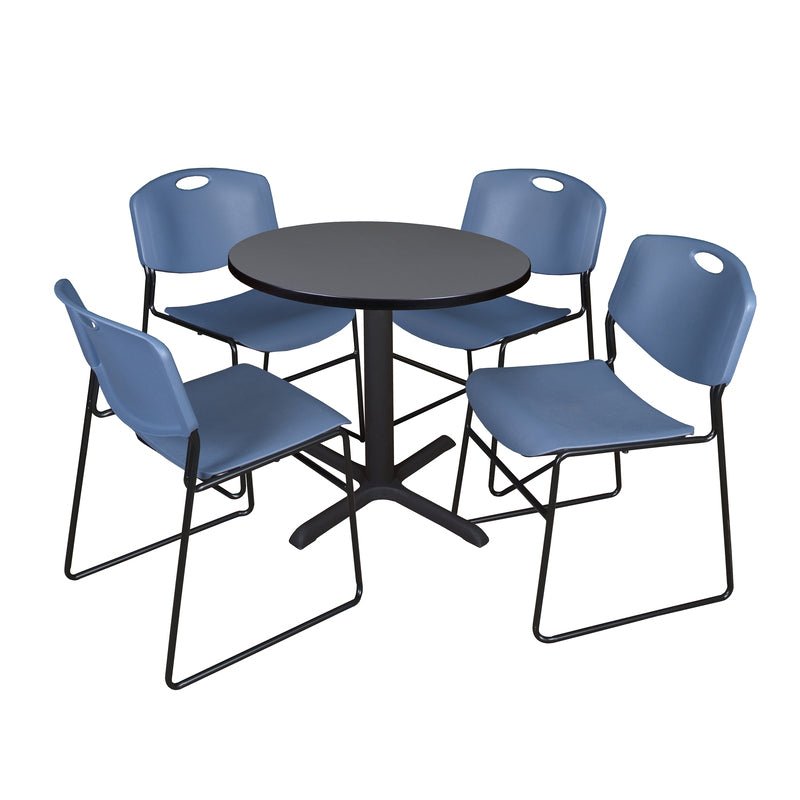 Regency Cain Round X - Base Breakroom Table with 4 Zeng Stack Chairs 30" W x 30" D x 29" H (REG - TB30R - 44) - SchoolOutlet