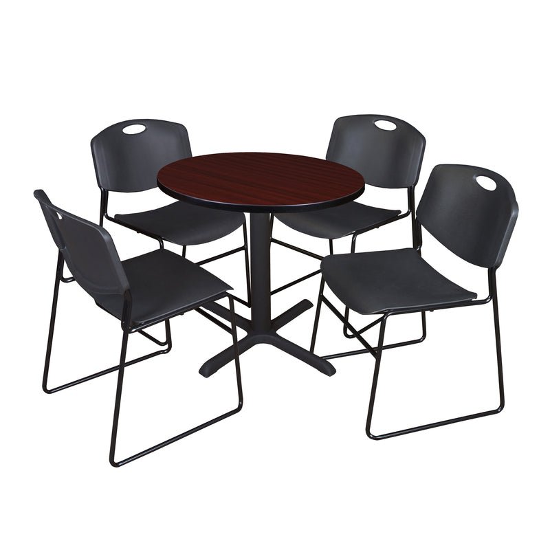 Regency Cain Round X - Base Breakroom Table with 4 Zeng Stack Chairs 30" W x 30" D x 29" H (REG - TB30R - 44) - SchoolOutlet