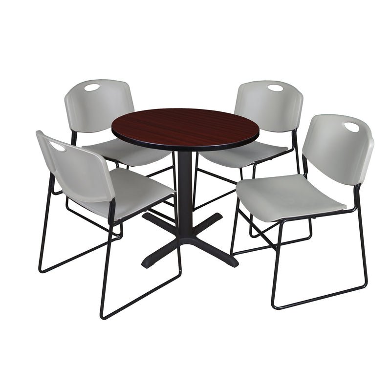 Regency Cain Round X - Base Breakroom Table with 4 Zeng Stack Chairs 30" W x 30" D x 29" H (REG - TB30R - 44) - SchoolOutlet