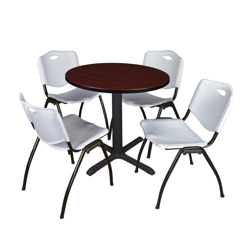 Regency Cain Round X - Base Breakroom Table with 4 M Stack Chairs 30" W x 30" D x 29" H (REG - TB30R - 47) - SchoolOutlet