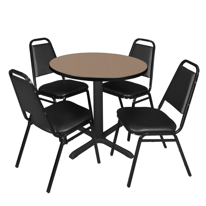 Regency Cain Round X - Base Breakroom Table with 4 Black Restaurant Stack Chairs 30" W x 30" D x 29" H (REG - TB30R - 29) - SchoolOutlet