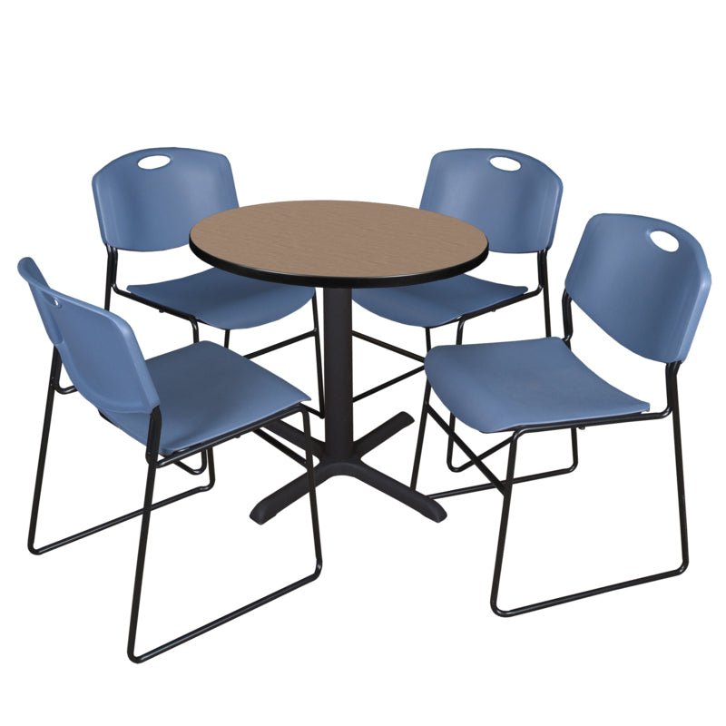 Regency Cain Round X - Base Breakroom Table with 4 Zeng Stack Chairs 30" W x 30" D x 29" H (REG - TB30R - 44) - SchoolOutlet