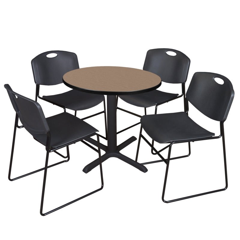 Regency Cain Round X - Base Breakroom Table with 4 Zeng Stack Chairs 30" W x 30" D x 29" H (REG - TB30R - 44) - SchoolOutlet
