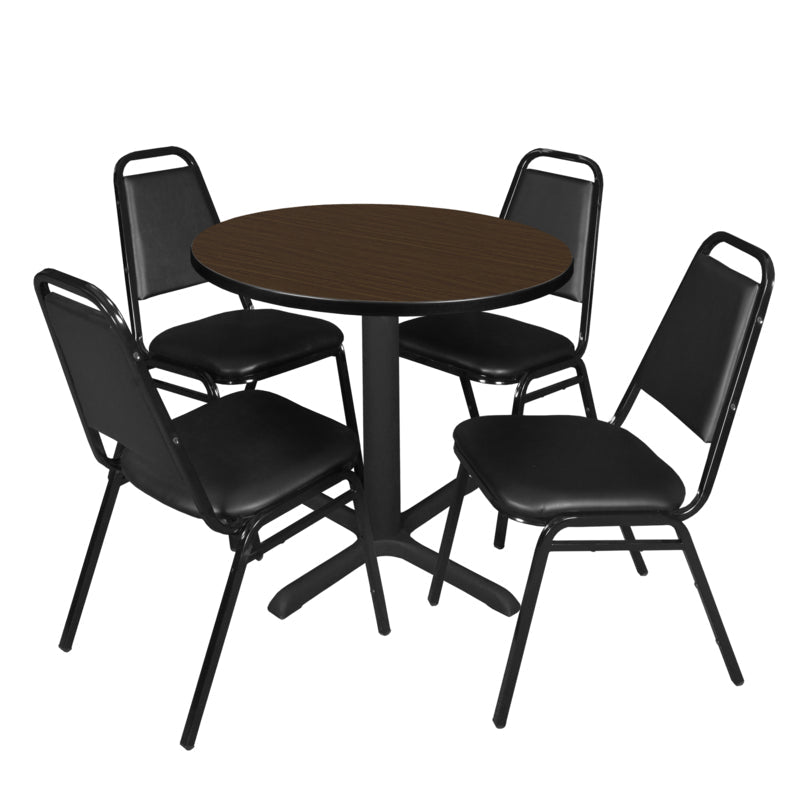 Regency Cain Round X - Base Breakroom Table with 4 Black Restaurant Stack Chairs 30" W x 30" D x 29" H (REG - TB30R - 29) - SchoolOutlet