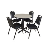 Regency Cain Round X - Base Breakroom Table with 4 Black Restaurant Stack Chairs 30