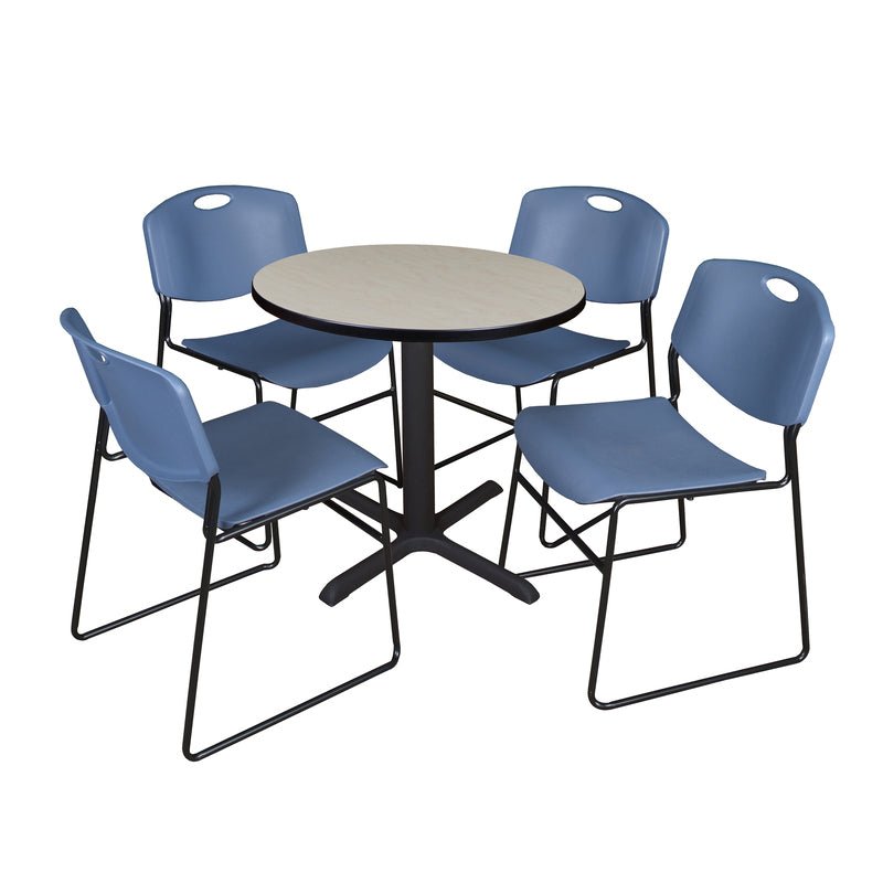 Regency Cain Round X - Base Breakroom Table with 4 Zeng Stack Chairs 30" W x 30" D x 29" H (REG - TB30R - 44) - SchoolOutlet