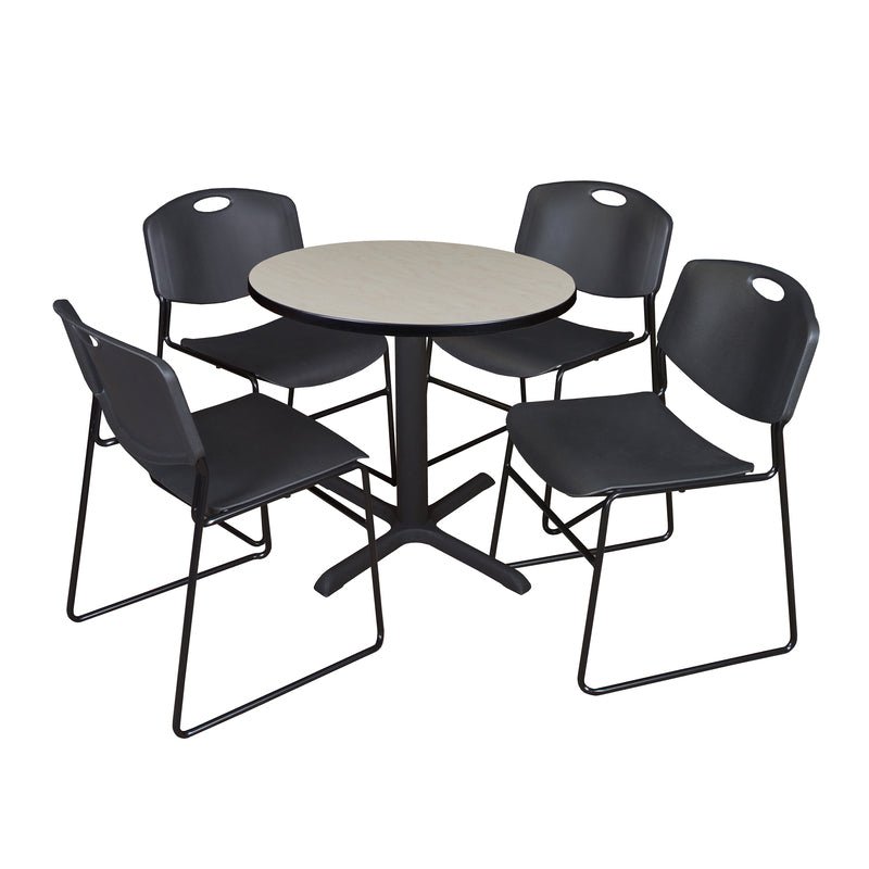 Regency Cain Round X - Base Breakroom Table with 4 Zeng Stack Chairs 30" W x 30" D x 29" H (REG - TB30R - 44) - SchoolOutlet