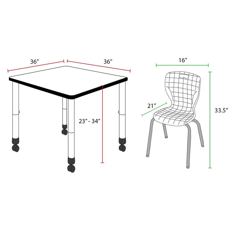 Regency Kee Mobile Adjustable Classroom Square Table with 4 Andy 18 in. Stack Chairs 36" W x 36" D x 23 - 34"H (REG - TB3636 - C40) - SchoolOutlet