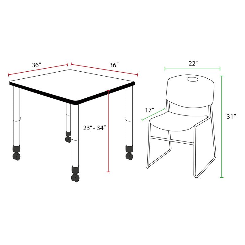 Regency Kee Mobile Adjustable Classroom Square Table with 4 Black Zeng Stack Chairs 36" W x 36" D x 23 - 34"H (REG - TB3636C - 44) - SchoolOutlet