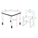 Regency Kee Mobile Adjustable Classroom Square Table with 4 Black Zeng Stack Chairs 36