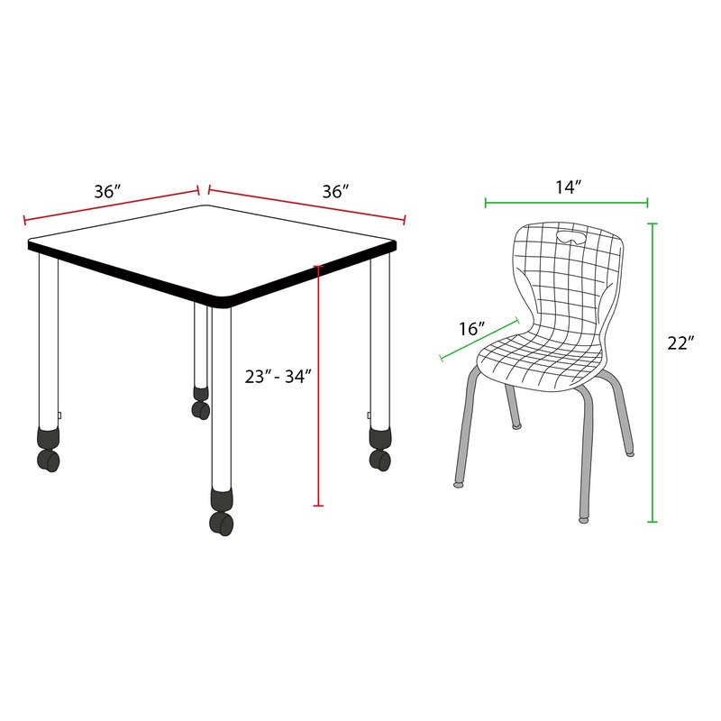 Regency Kee Mobile Adjustable Classroom Square Table with 4 Andy 12 in. Stack Chairs 36" W x 36" D x 23 - 34"H (REG - TB3636C - 45) - SchoolOutlet