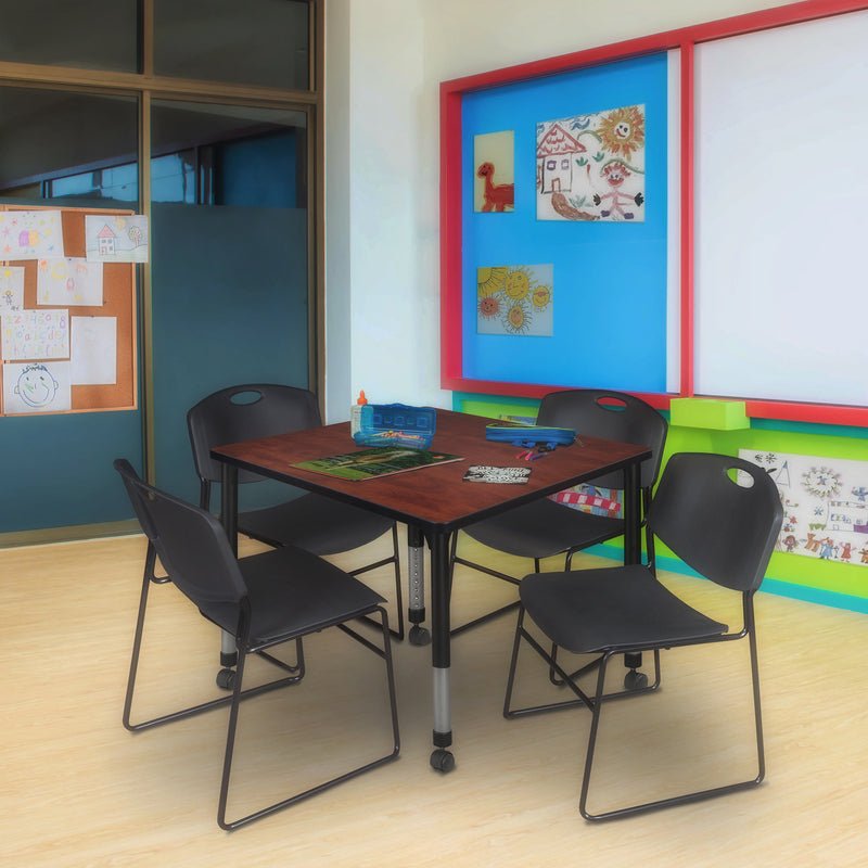 Regency Kee Mobile Adjustable Classroom Square Table with 4 Andy 12 in. Stack Chairs 36" W x 36" D x 23 - 34"H (REG - TB3636C - 45) - SchoolOutlet