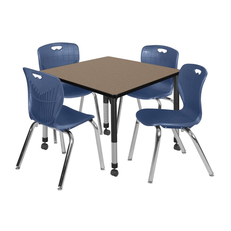Regency Kee Mobile Adjustable Classroom Square Table with 4 Andy 18 in. Stack Chairs 36" W x 36" D x 23 - 34"H (REG - TB3636 - C40) - SchoolOutlet