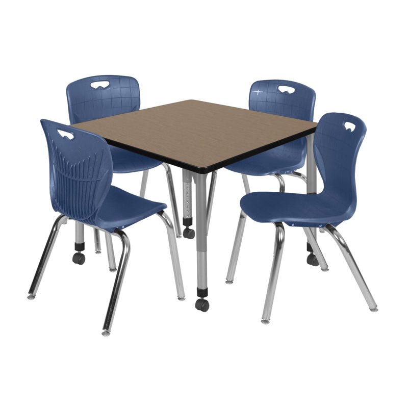 Regency Kee Mobile Adjustable Classroom Square Table with 4 Andy 18 in. Stack Chairs 36" W x 36" D x 23 - 34"H (REG - TB3636 - C40) - SchoolOutlet