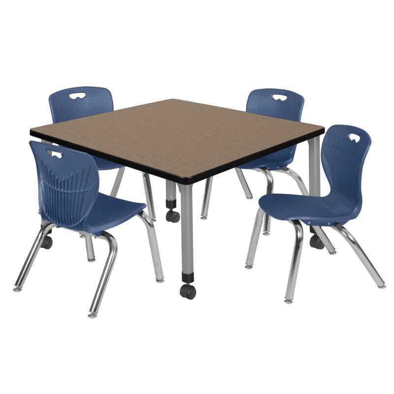 Regency Kee Mobile Adjustable Classroom Square Table with 4 Andy 12 in. Stack Chairs 36" W x 36" D x 23 - 34"H (REG - TB3636C - 45) - SchoolOutlet