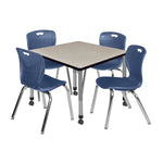 Regency Kee Mobile Adjustable Classroom Square Table with 4 Andy 18 in. Stack Chairs 36