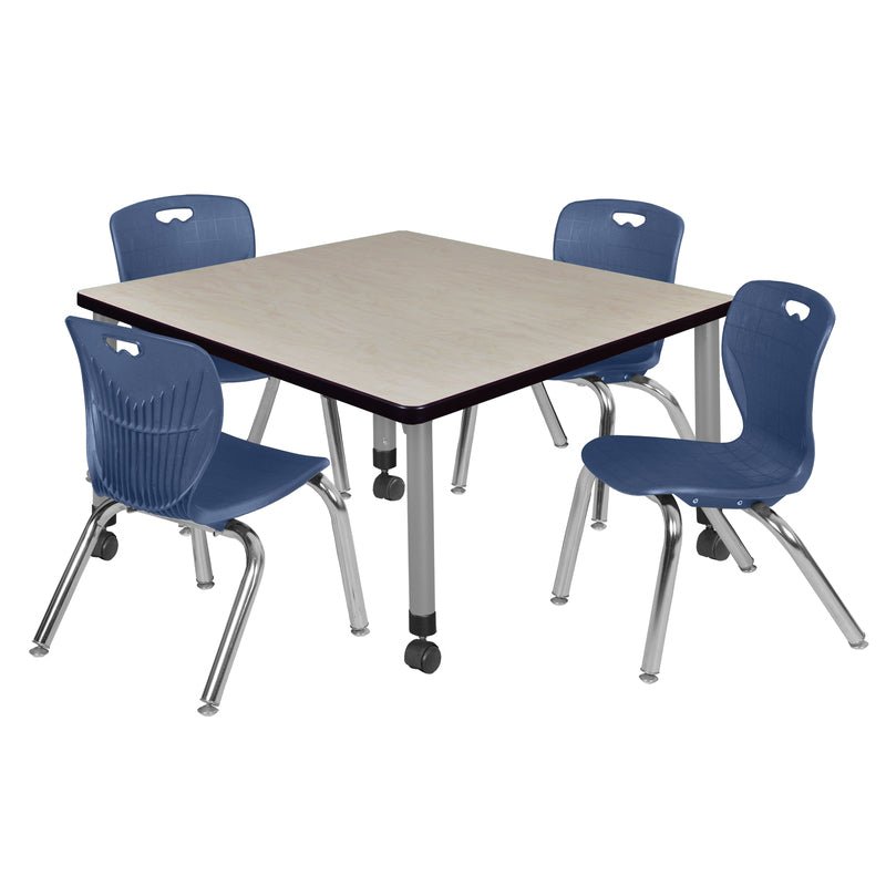 Regency Kee Mobile Adjustable Classroom Square Table with 4 Andy 12 in. Stack Chairs 36" W x 36" D x 23 - 34"H (REG - TB3636C - 45) - SchoolOutlet