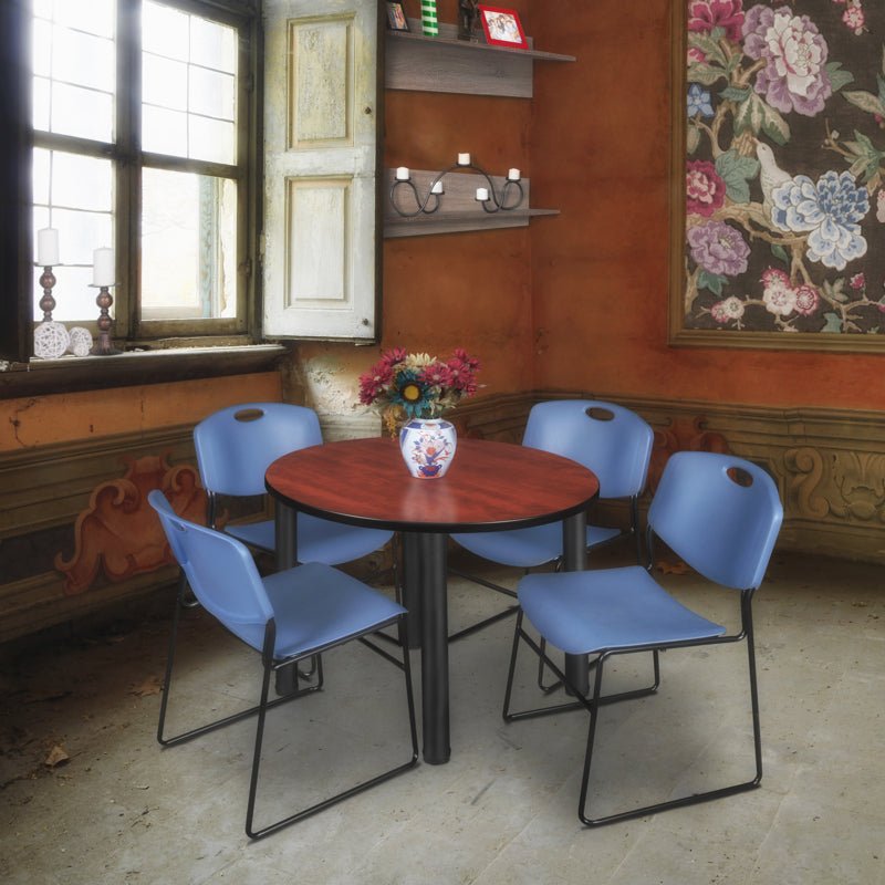 Regency Kee Round Versatile Breakroom Table with 4 Zeng Stack Chairs 36"W x 36"D x 29"H (REG - TB36RP - 44) - SchoolOutlet