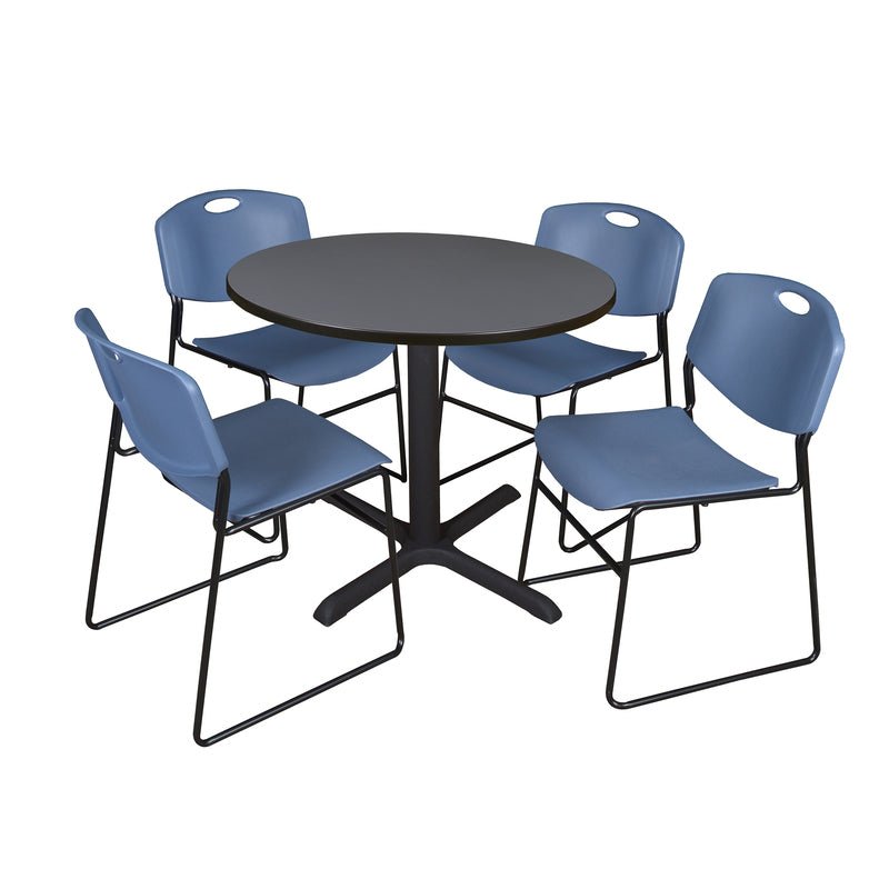Regency Cain Round X Base Breakroom Table and Zeng Stack Chairs 36" W x 36" D x 29" H (REG - TB36R - 44) - SchoolOutlet