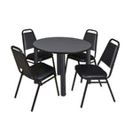 Regency Kee Round Versatile Breakroom Table with 4 Black Restaurant Stack Chairs 36