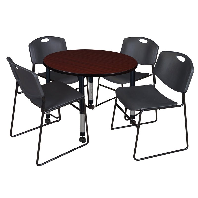 Regency Kee Round Mobile Height Adjustable Classroom Table and 4 Black Zeng Stack Chairs 36" W x 36" D x 29" H (REG - TB36RC - 44) - SchoolOutlet