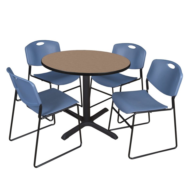 Regency Cain Round X Base Breakroom Table and Zeng Stack Chairs 36" W x 36" D x 29" H (REG - TB36R - 44) - SchoolOutlet