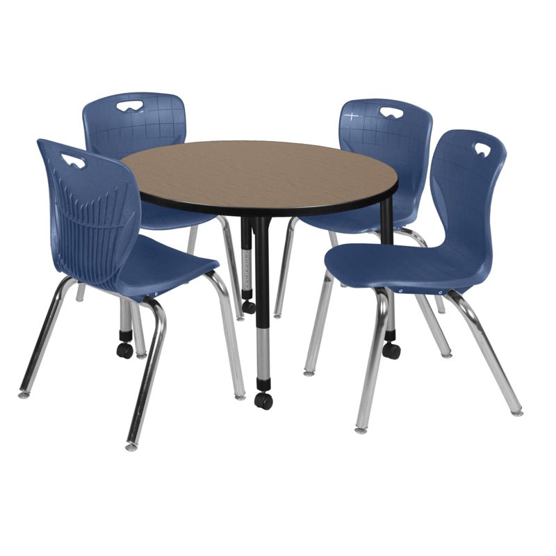 Regency Kee Round Mobile Height Adjustable Classroom Table with 4 Andy Stack Chairs 36"W x 36"D x 23" - 34"H (REG - TB36R - 40) - SchoolOutlet