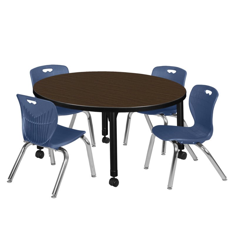Regency Kee Round Mobile Height Adjustable Classroom Table with 4 Andy Stack Chairs 36"W x 36"D x 23" - 34"H (REG - TB36R - 45) - SchoolOutlet