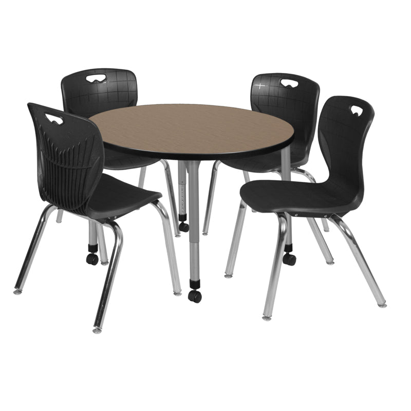 Regency Kee Round Mobile Height Adjustable Classroom Table with 4 Andy Stack Chairs 36"W x 36"D x 23" - 34"H (REG - TB36R - 40) - SchoolOutlet