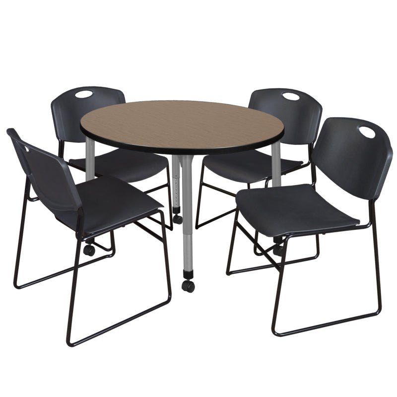 Regency Kee Round Mobile Height Adjustable Classroom Table and 4 Black Zeng Stack Chairs 36" W x 36" D x 29" H (REG - TB36RC - 44) - SchoolOutlet