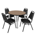 Regency Kee Round Versatile Breakroom Table with 4 Black Restaurant Stack Chairs 36
