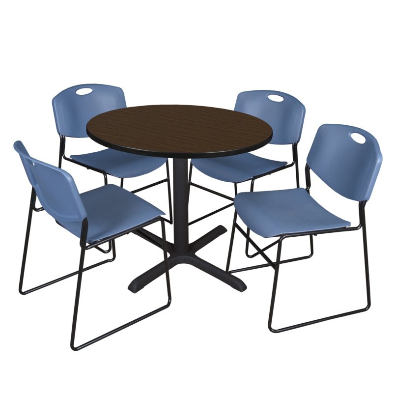 Regency Cain Round X Base Breakroom Table and Zeng Stack Chairs 36" W x 36" D x 29" H (REG - TB36R - 44) - SchoolOutlet