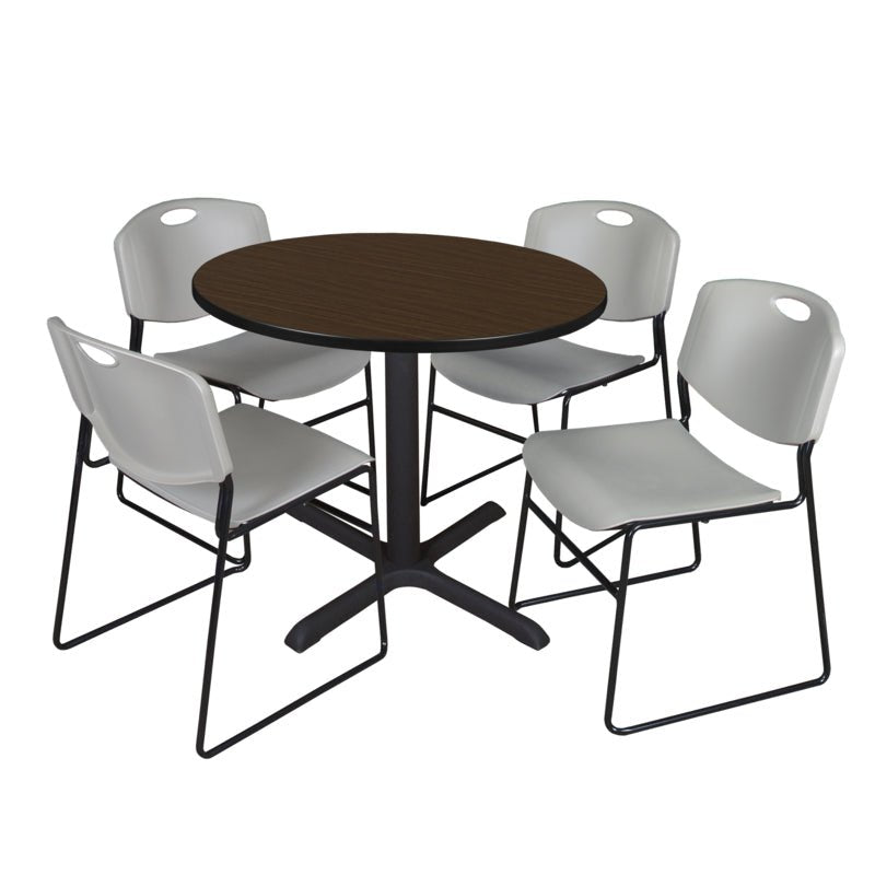 Regency Cain Round X Base Breakroom Table and Zeng Stack Chairs 36" W x 36" D x 29" H (REG - TB36R - 44) - SchoolOutlet