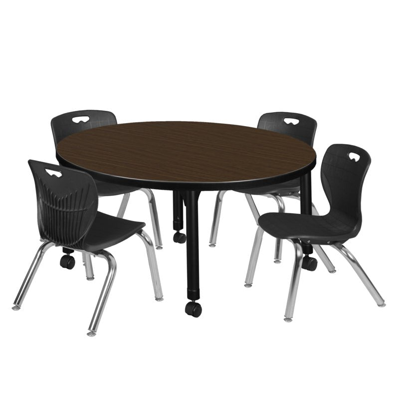 Regency Kee Round Mobile Height Adjustable Classroom Table with 4 Andy Stack Chairs 36"W x 36"D x 23" - 34"H (REG - TB36R - 45) - SchoolOutlet