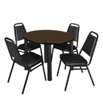 Regency Kee Round Versatile Breakroom Table with 4 Black Restaurant Stack Chairs 36