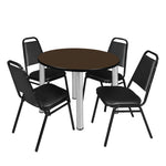 Regency Kee Round Versatile Breakroom Table with 4 Black Restaurant Stack Chairs 36