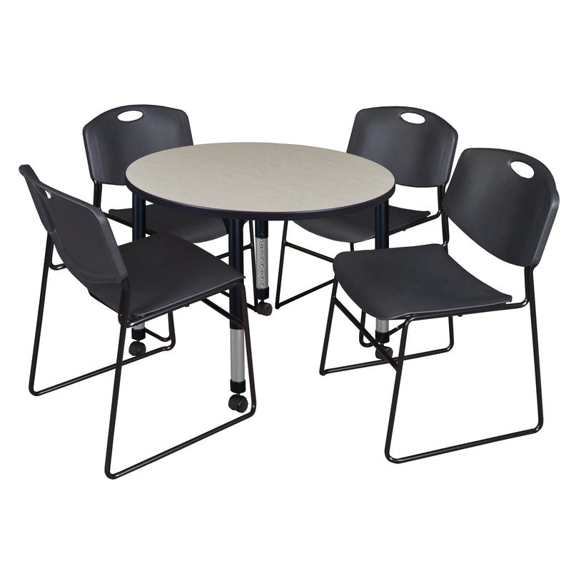 Regency Kee Round Mobile Height Adjustable Classroom Table and 4 Black Zeng Stack Chairs 36" W x 36" D x 29" H (REG - TB36RC - 44) - SchoolOutlet