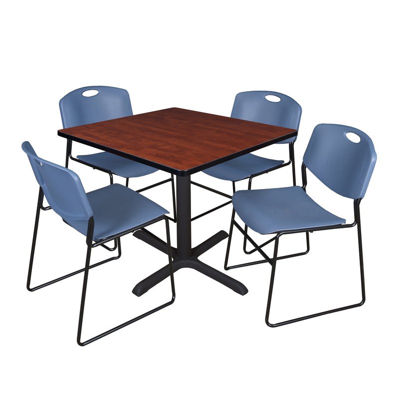 Regency Cain Square Breakroom Table with X - Base and 4 Zeng Stack Chairs 42"W x 42"D x 29"H (REG - TB4242 - 44) - SchoolOutlet