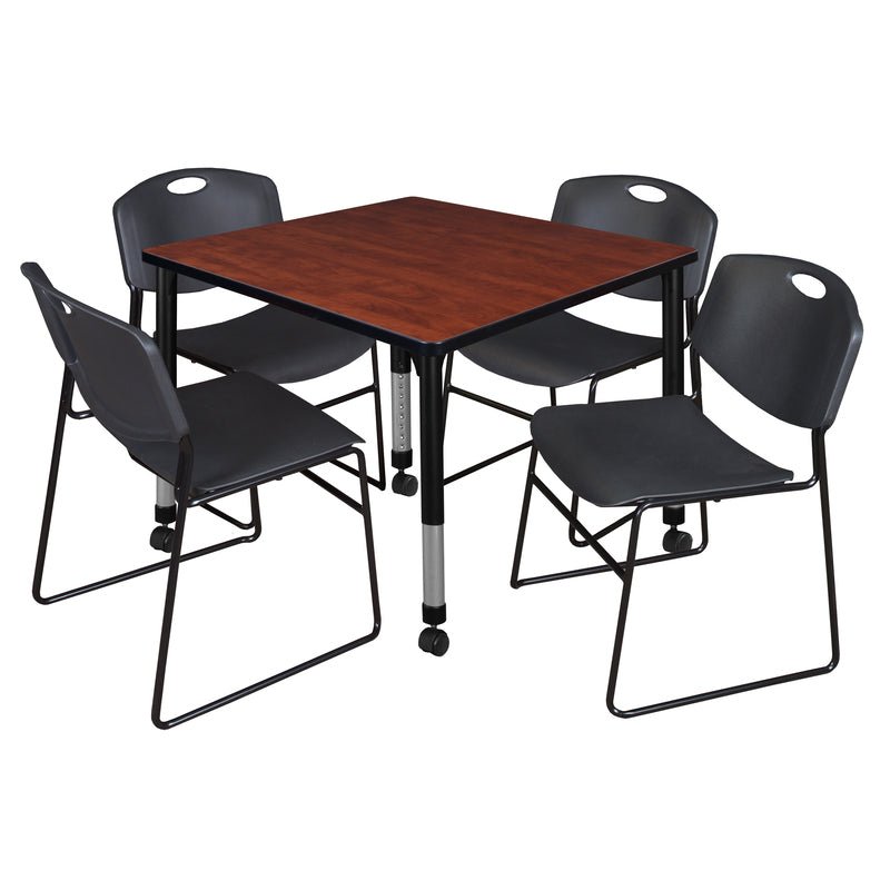 Regency Kee Square Mobile Adjustable Classroom Table and 4 Black Zeng Stack Chairs 42"W x 42"D x 23" - 34"H (REG - TB4242P - 44) - SchoolOutlet